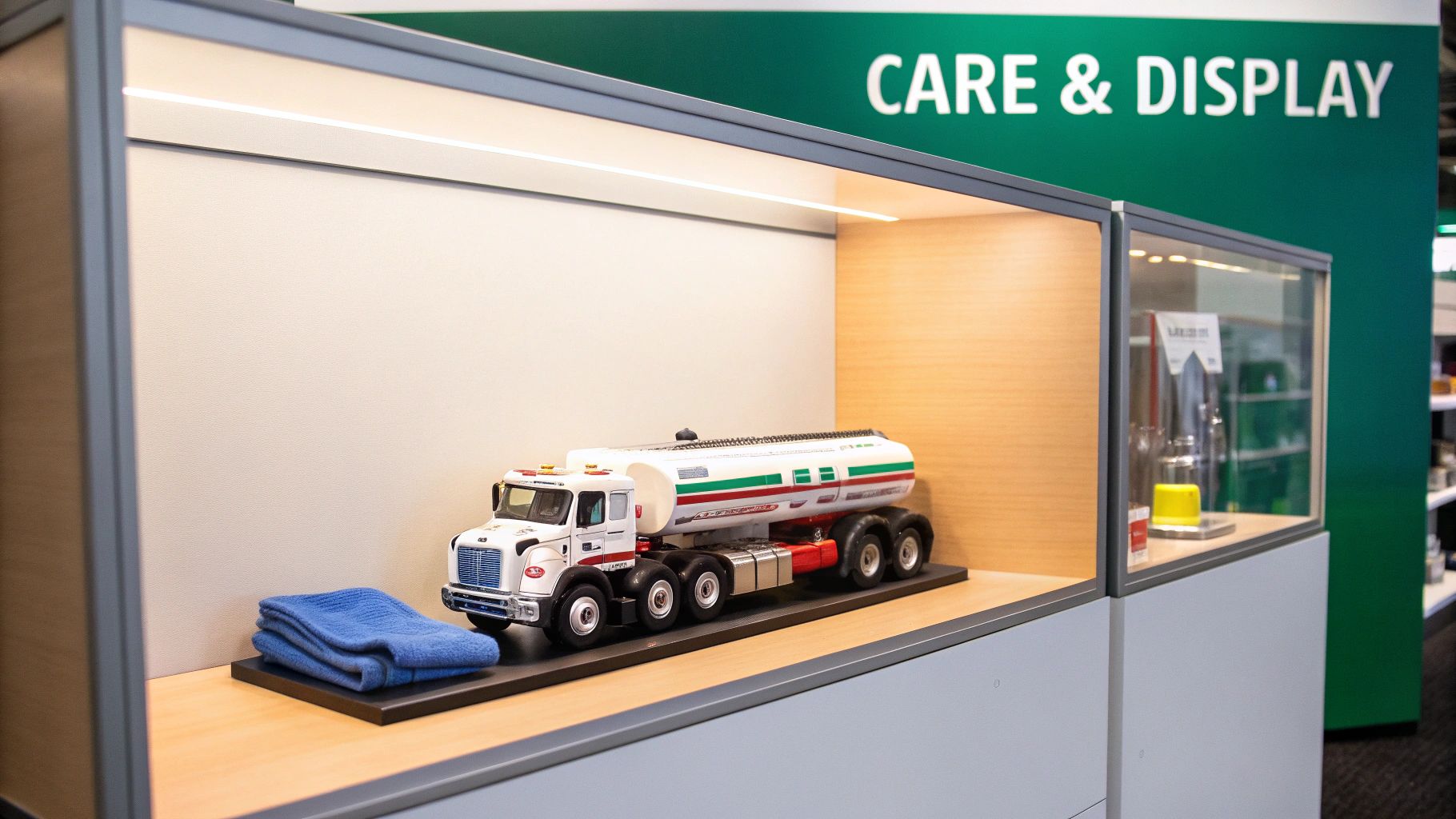 A detailed Hess toy tanker truck model with a blue cloth in a brightly lit display case.