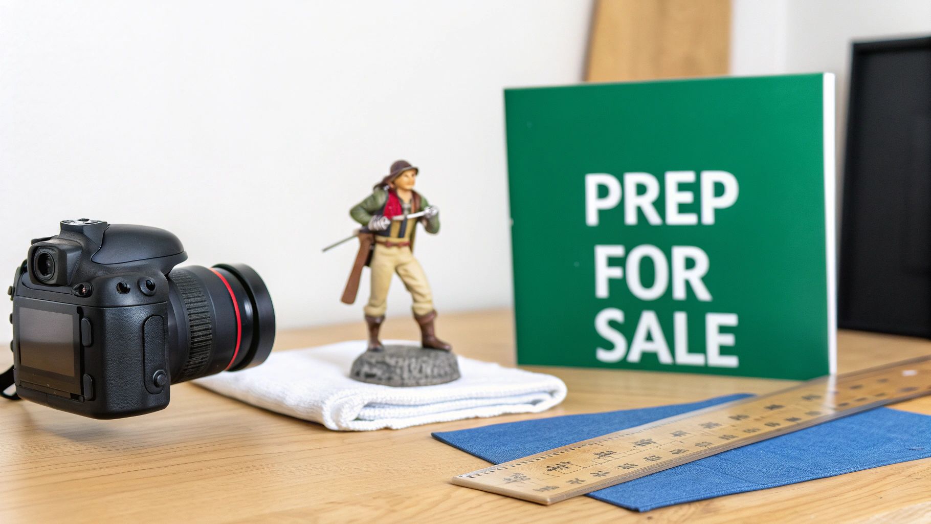 A black DSLR camera, a collectible action figure, and a green 'PREP FOR SALE' sign on a wooden table.