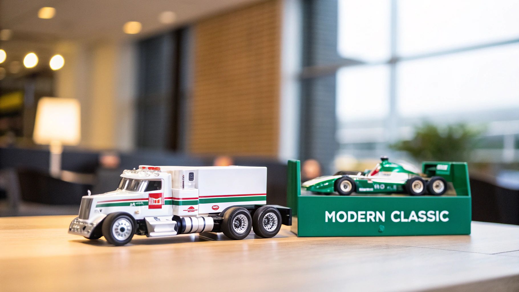 Two detailed toy vehicles, a white Hess truck and a green race car, displayed on a wooden table.