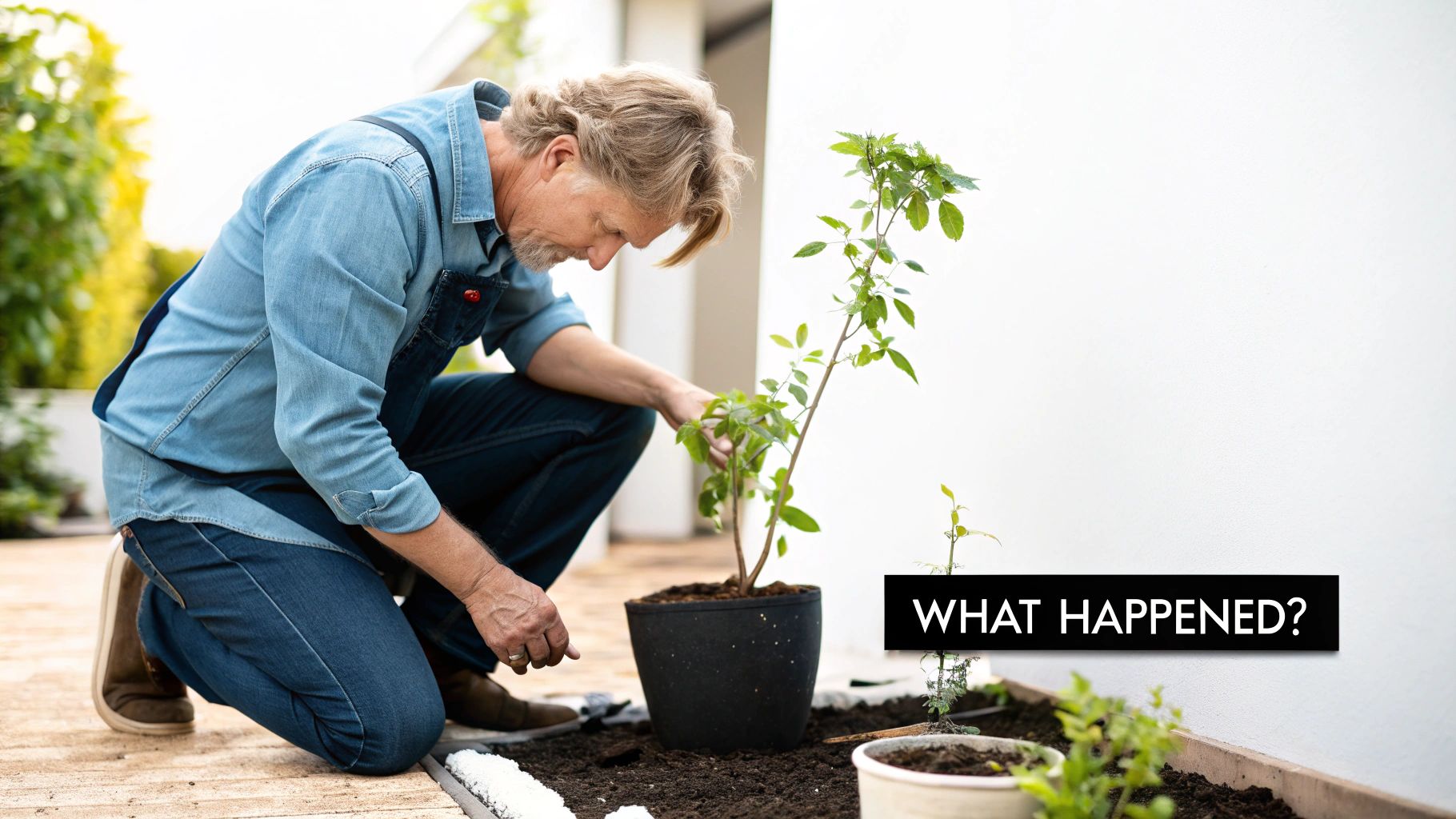 A man in a denim shirt and apron crouches down, carefully tending to a potted plant outdoors.