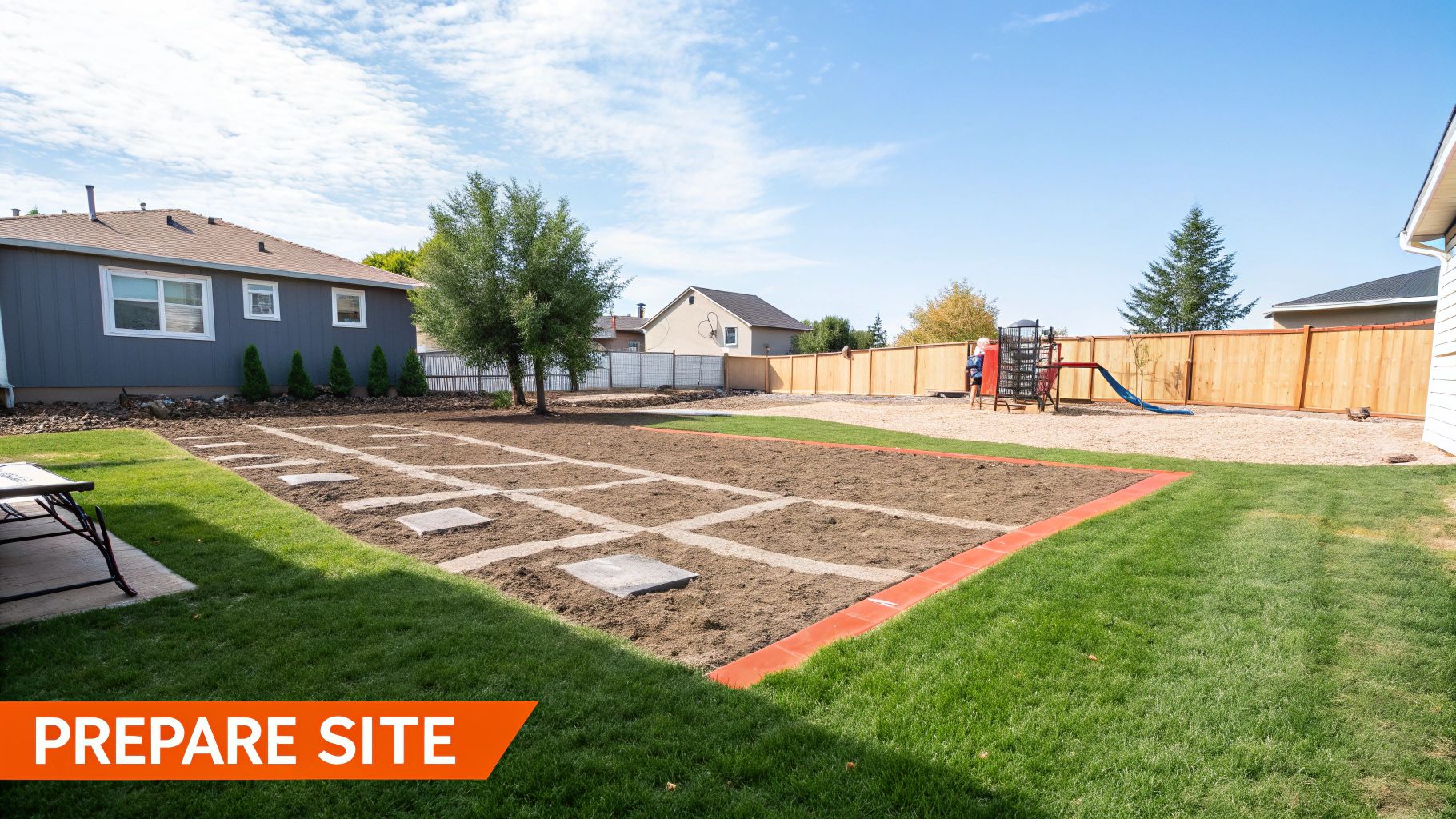 A well-planned backyard with a playset being installed, showcasing clear space and organized materials.