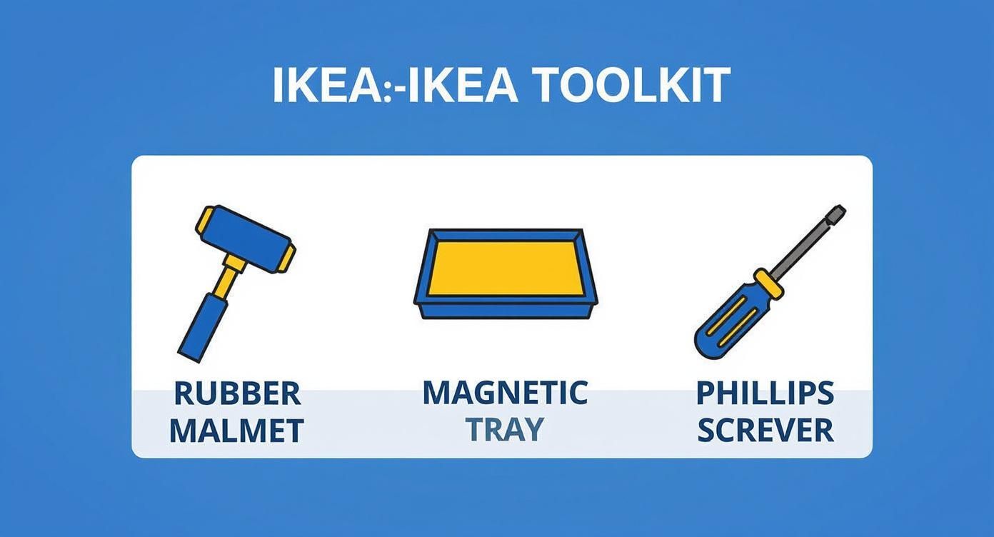 Infographic showing icons for a rubber mallet, magnetic tray, and Phillips screwdriver, key tools for assembling IKEA furniture.