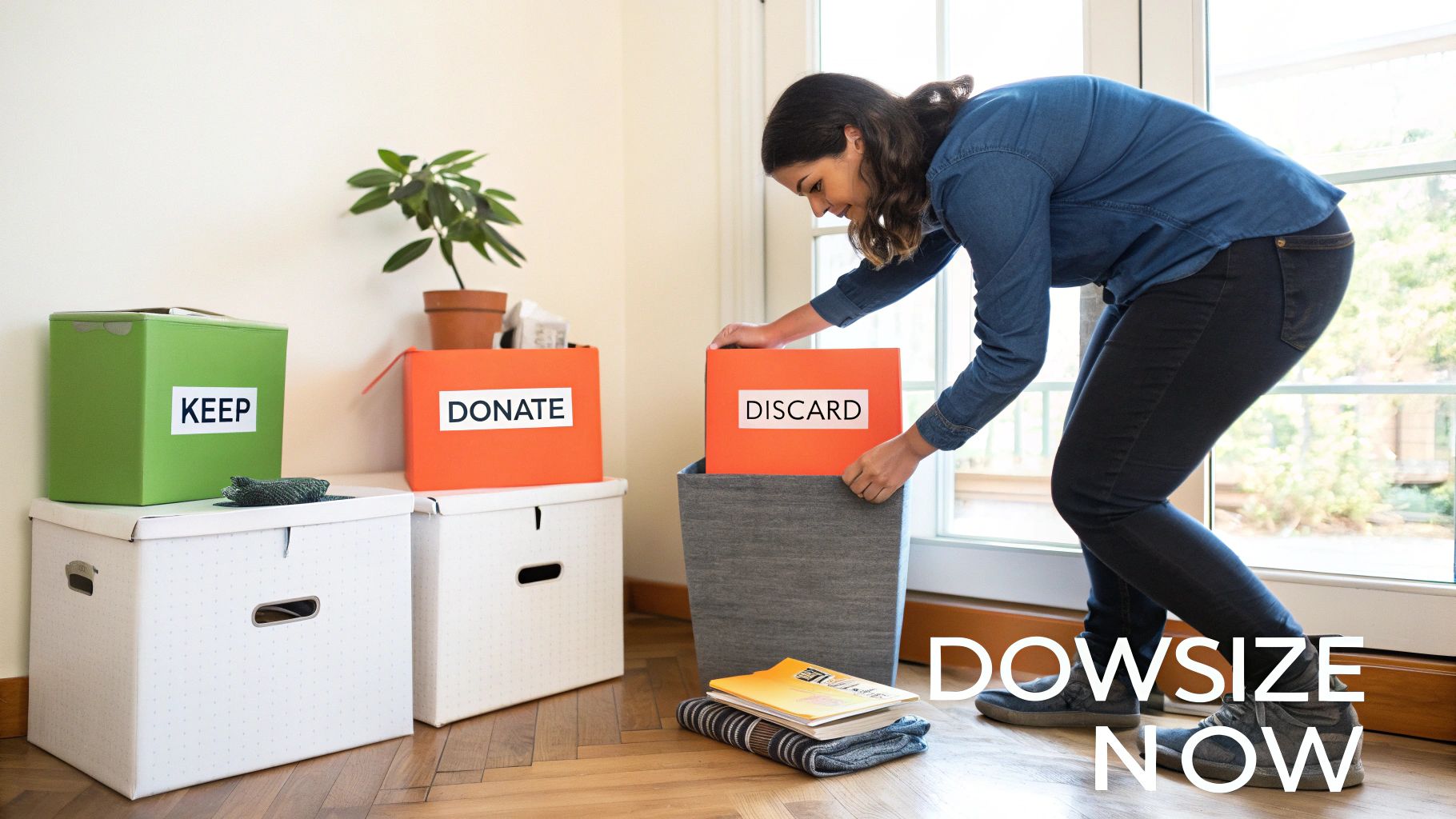 Woman sorting items into "Keep," "Donate," and "Discard" boxes for decluttering or moving.