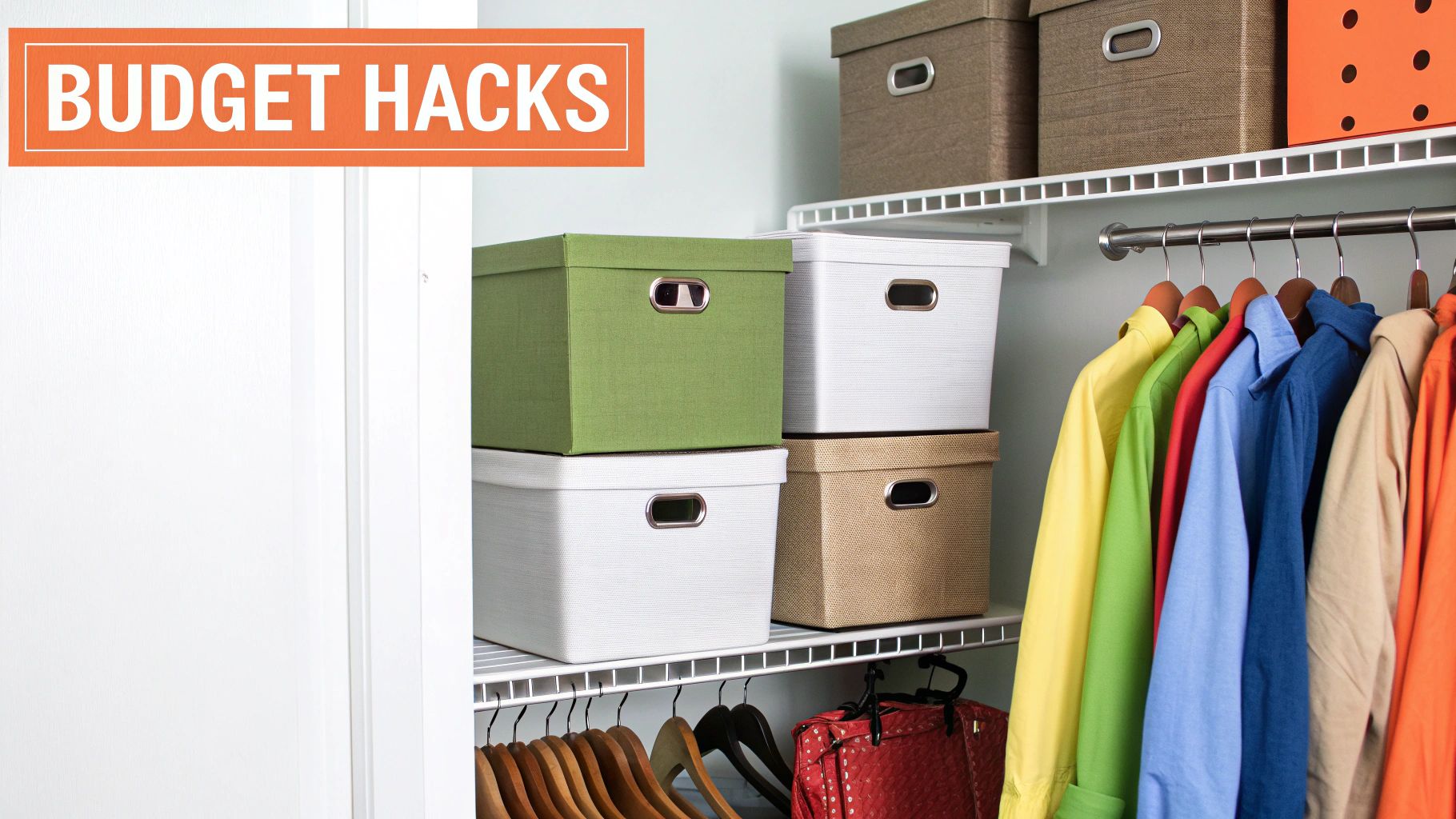 A modern, budget-friendly custom closet with white shelving and organized clothing.