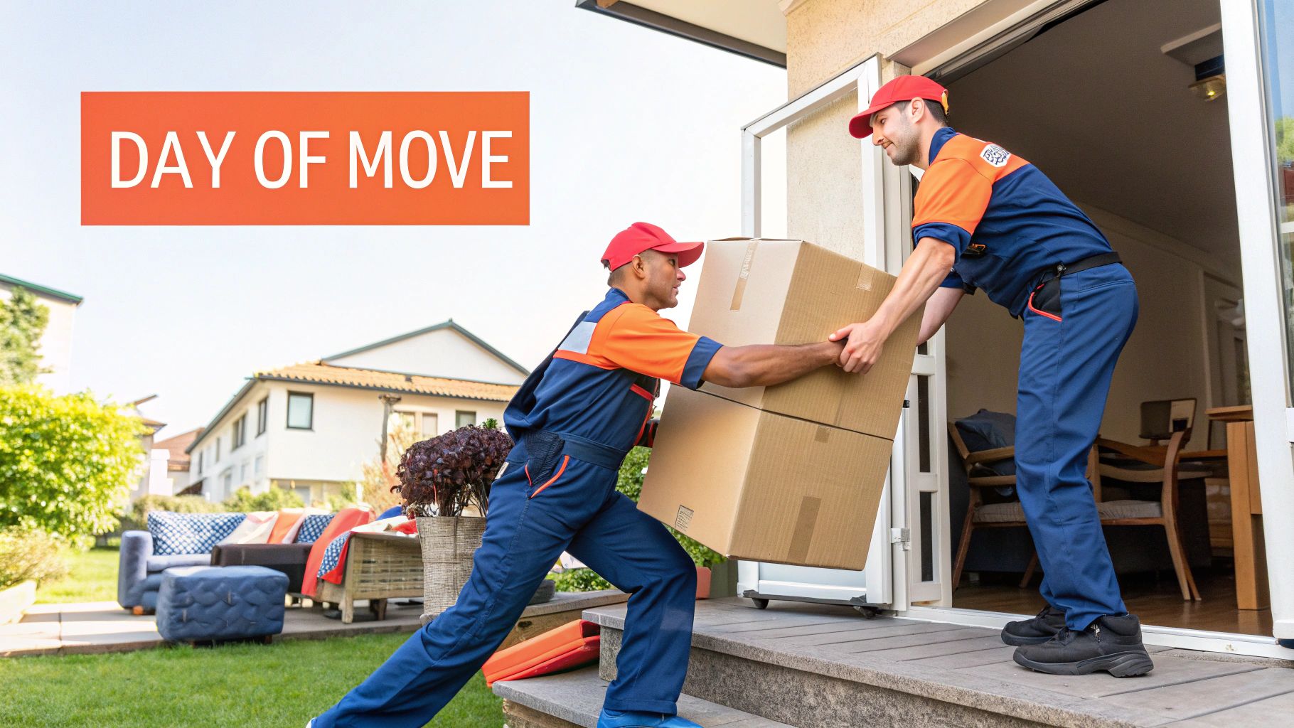 A smiling couple unpacking boxes in their new home, with one person handing a book to the other.