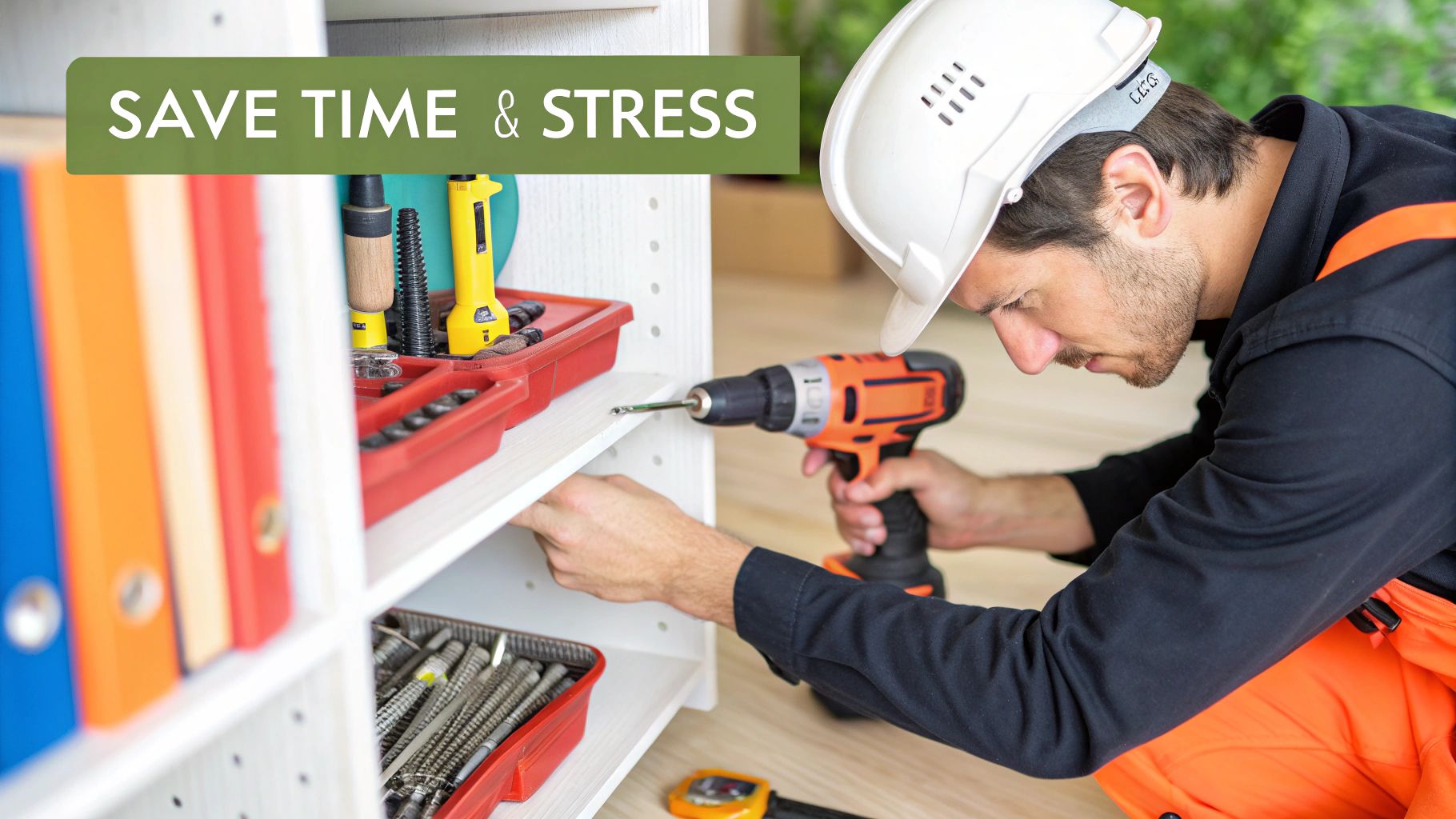 A man expertly assembles white furniture with a power drill, displaying tools and efficiency.