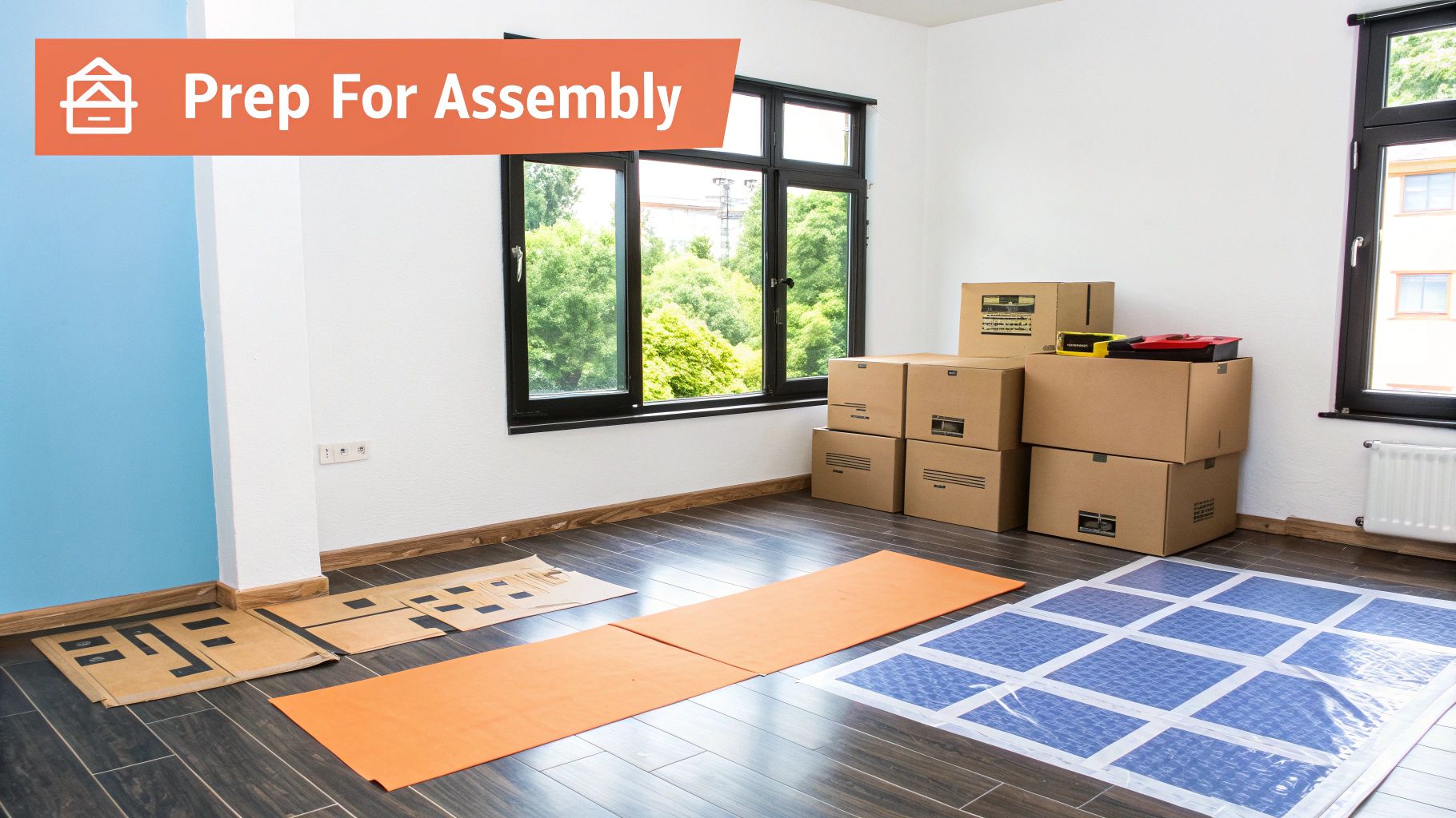 A person unboxing a flat-pack furniture box on a clean floor.