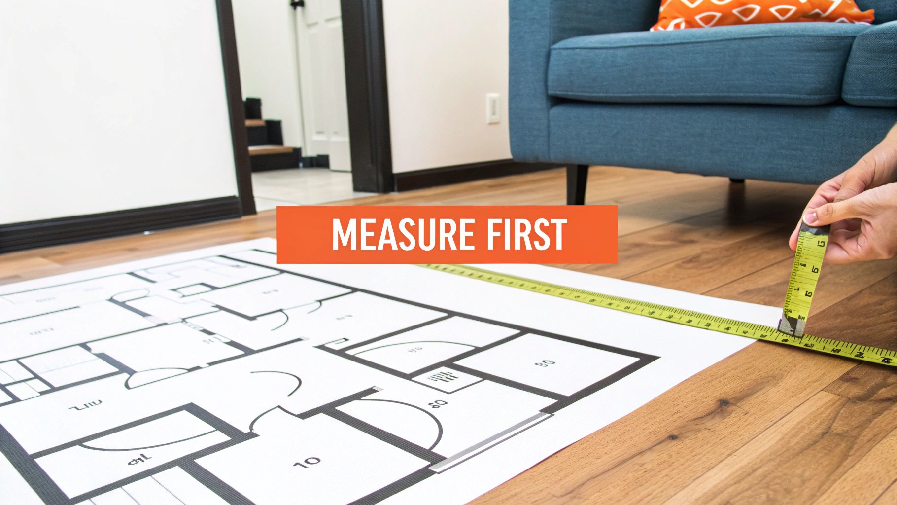 Hands measuring a printed floor plan with a tape measure on a wooden floor, with 'MEASURE FIRST' text.