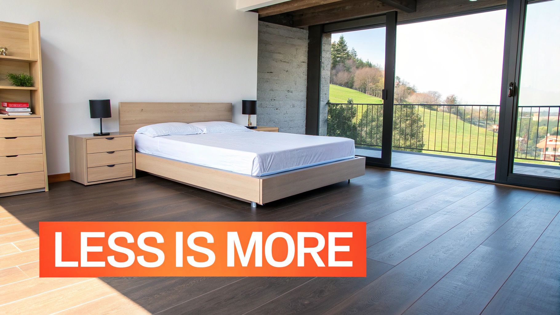 A modern bedroom with a light wooden bed, nightstands, and a bookshelf, overlooking a green landscape.