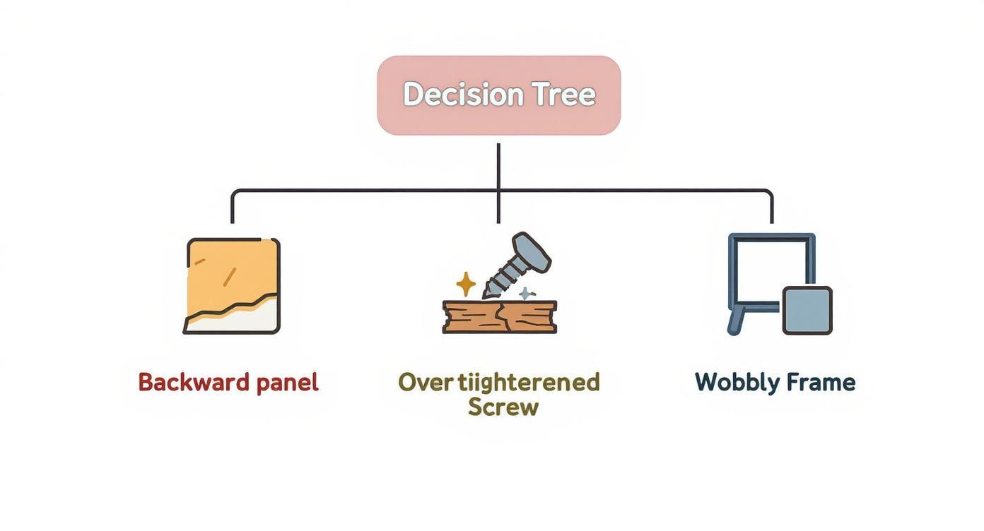 A decision tree diagram illustrating common furniture assembly issues: backward panel, overtightened screw, and wobbly frame.