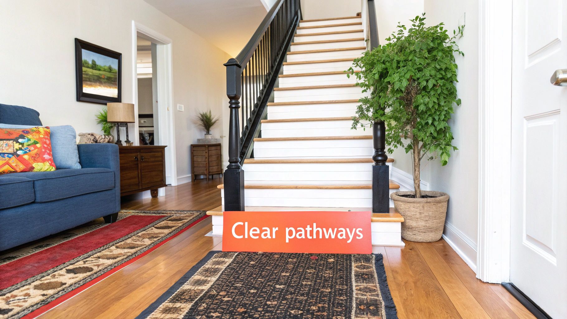 A brightly lit home interior with a staircase, sofa, and two rugs, emphasizing clear pathways.