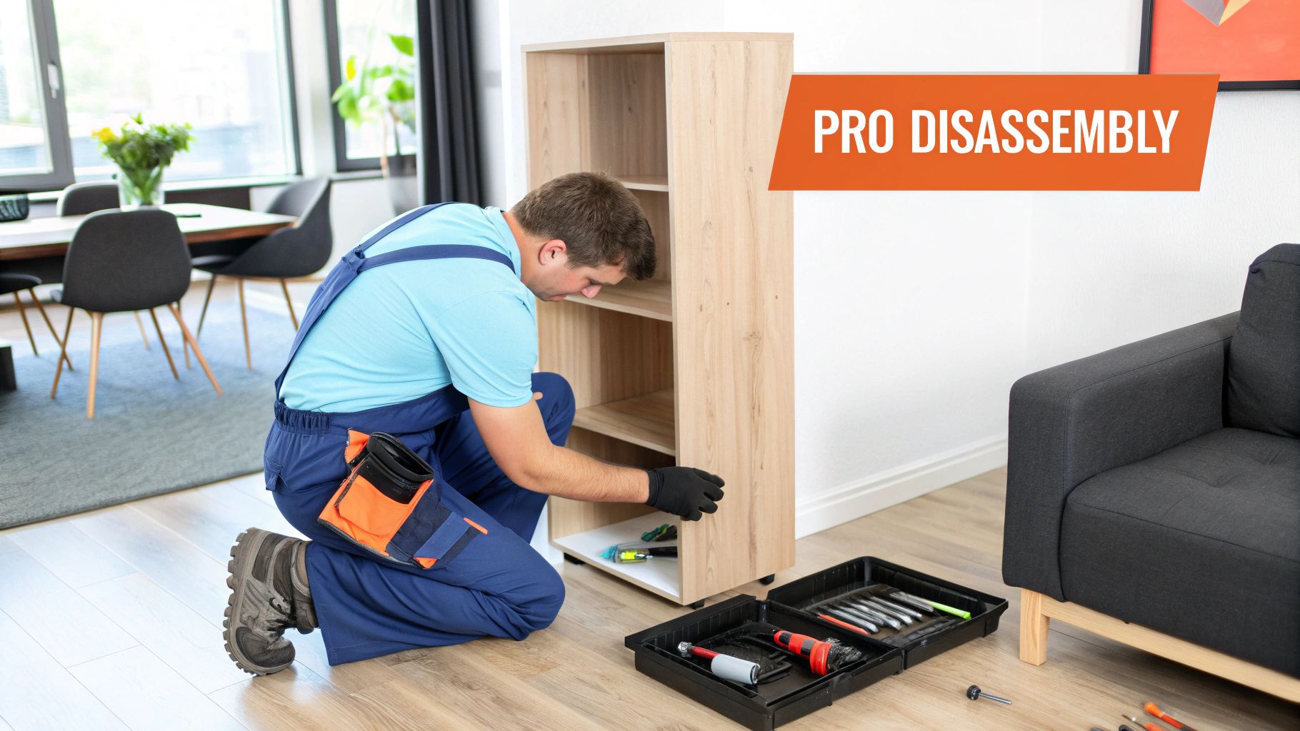 Professionals carefully disassembling a large wooden furniture piece for a move.