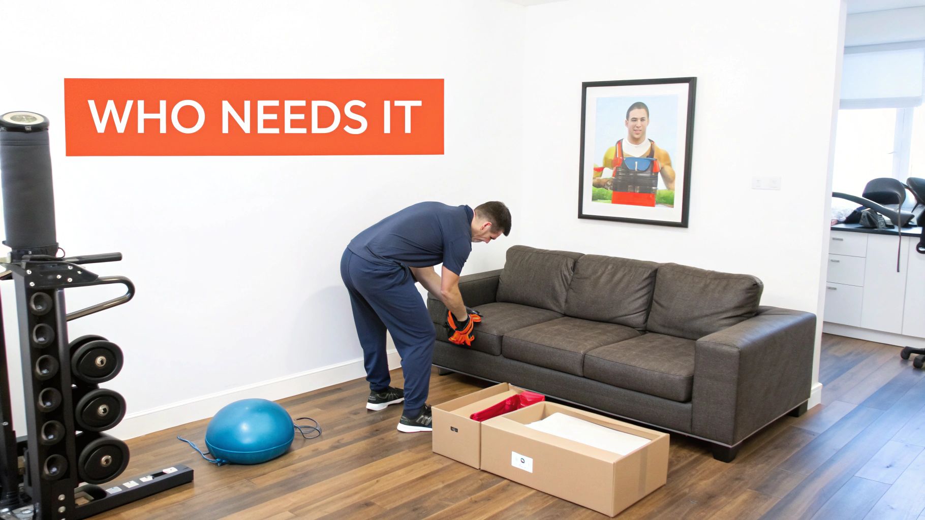 A delivery professional carefully placing a large piece of art on a living room wall.