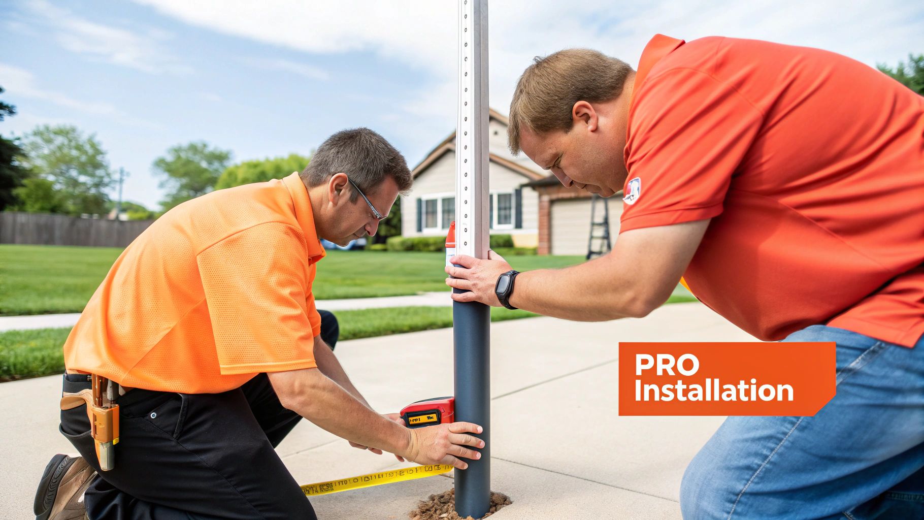 Two professional installers precisely measure and set a new basketball hoop post into the ground outdoors.
