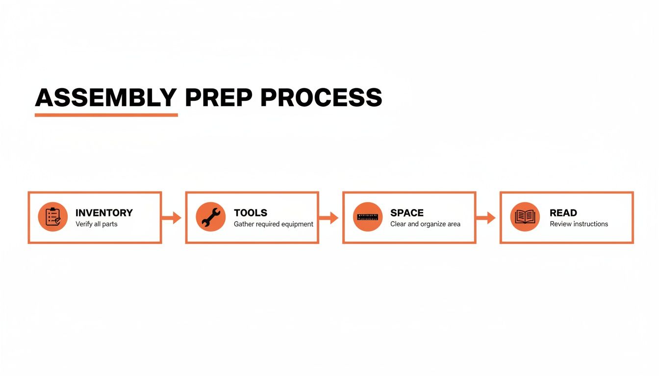 A flow chart illustrating the four steps of an assembly preparation process: inventory, tools, space, and reading instructions.