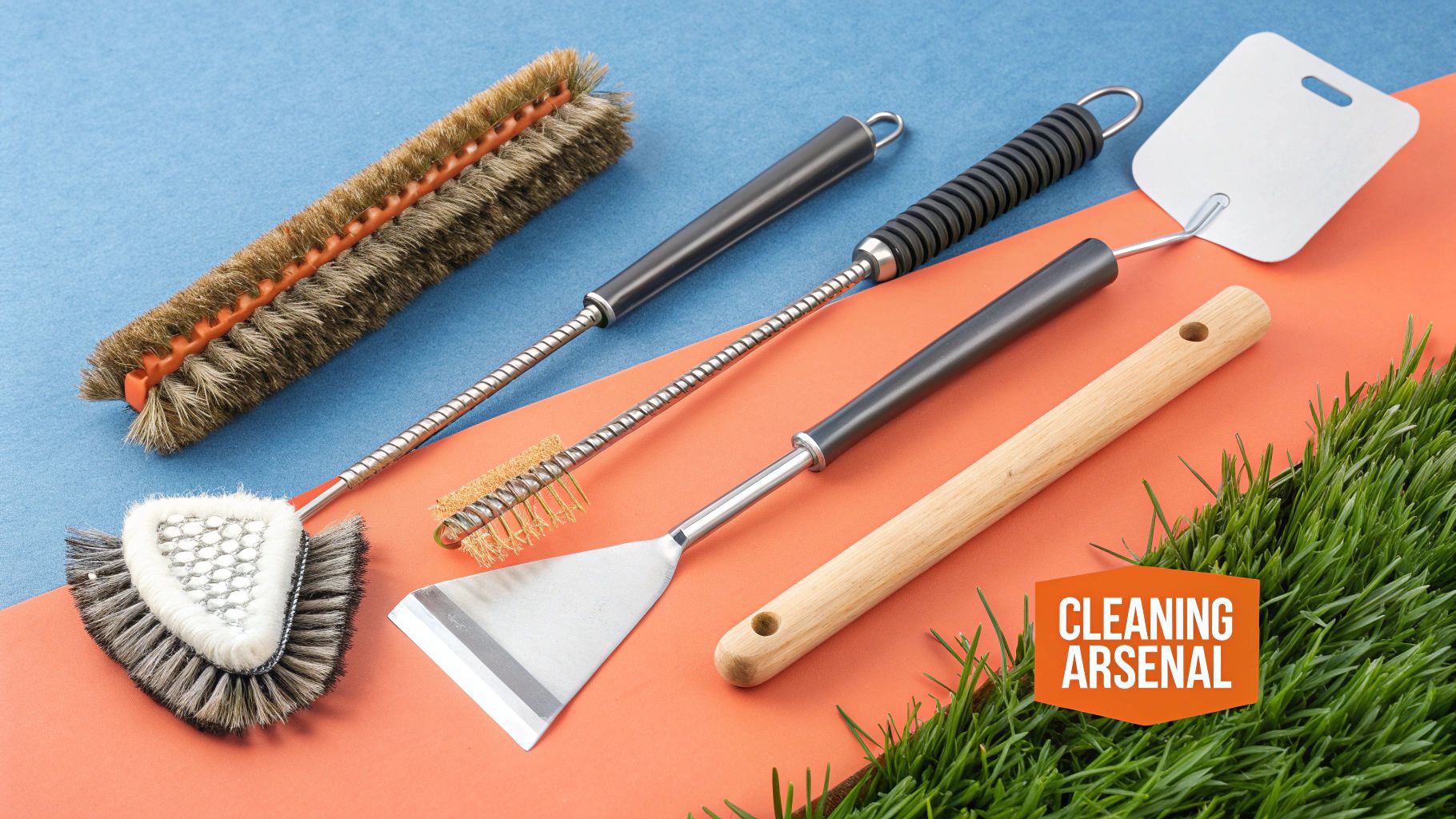 A collection of grill cleaning tools, including a wire-free brush, scraper, and gloves, laid out on a wooden surface next to a clean grill.