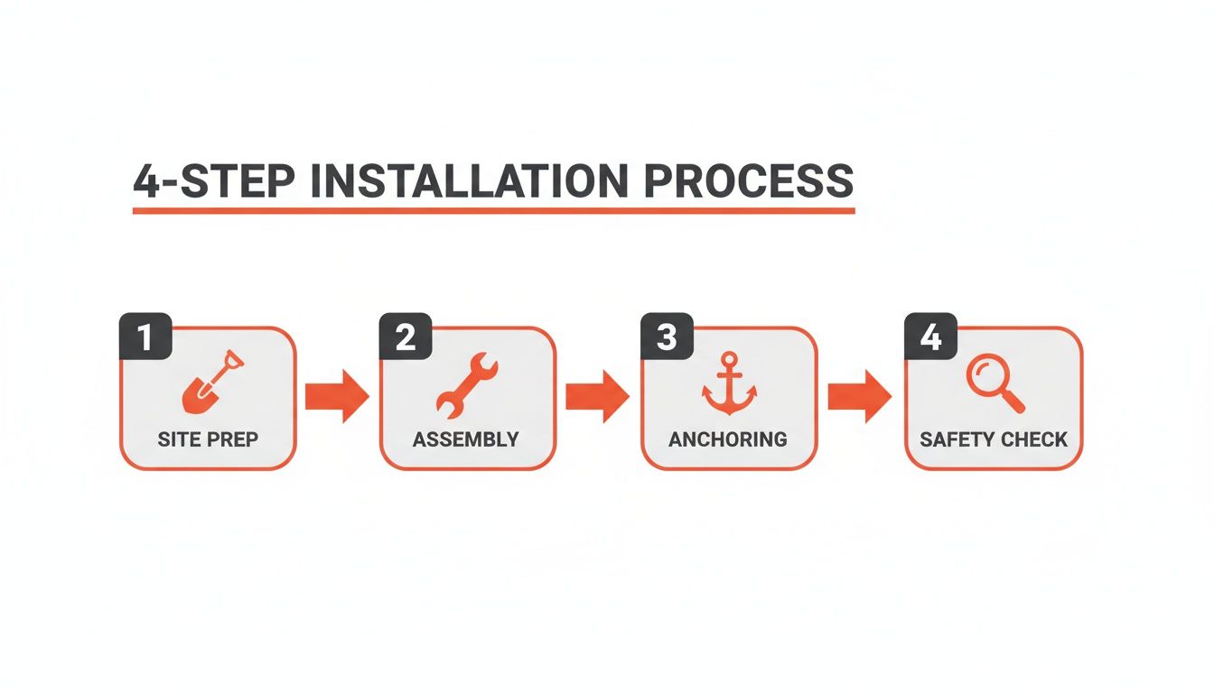 Flowchart detailing a 4-step installation process: site preparation, assembly, anchoring, and safety inspection.