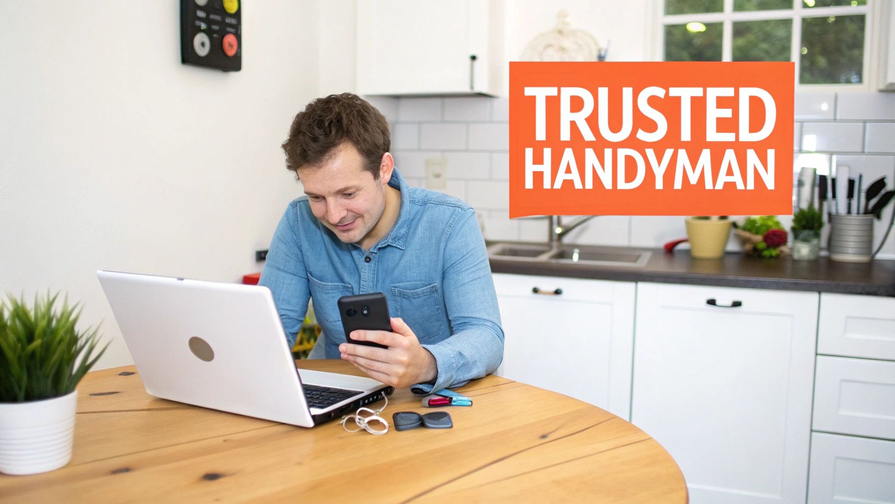 A handyman in uniform inspecting a project checklist on a clipboard.