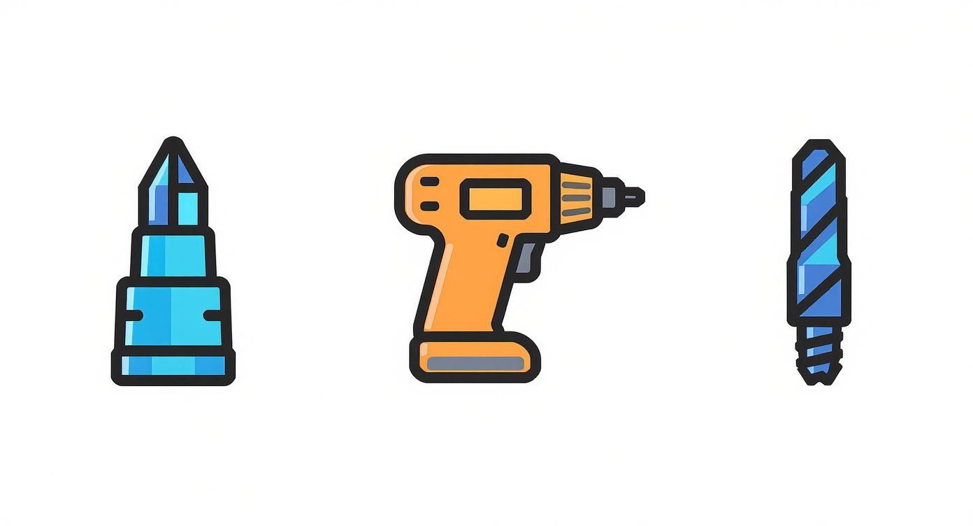 Illustrations of a blue screwdriver bit, an orange cordless drill, and a blue drill bit.
