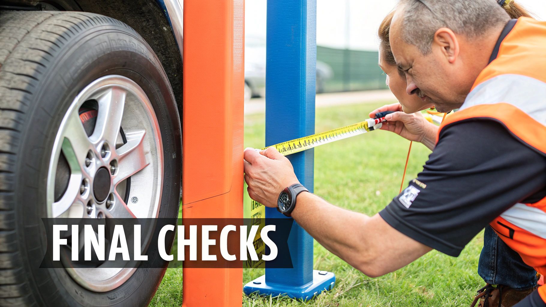 A person checking the level of a newly installed in-ground basketball goal backboard