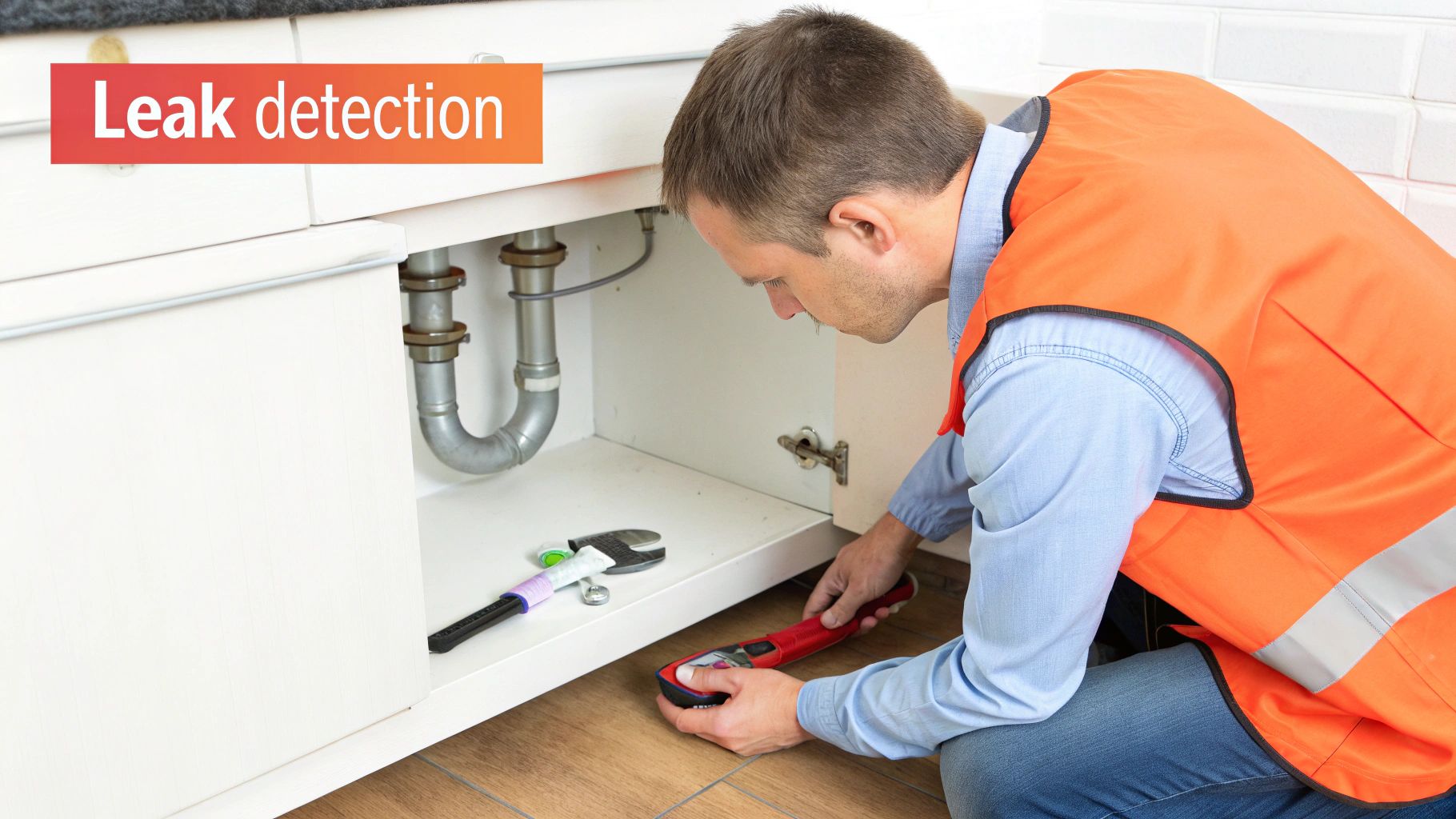 A technician wearing an orange vest uses a leak detection tool to inspect pipes under a kitchen sink.