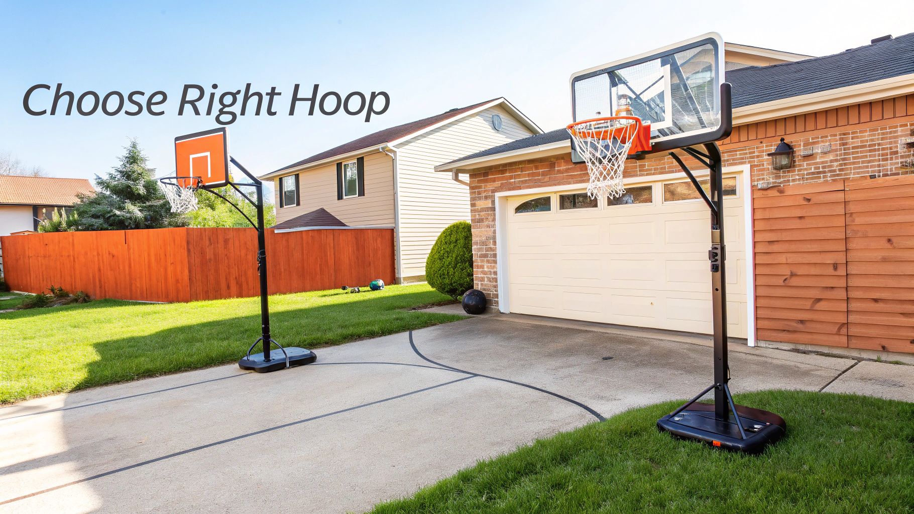 Two portable basketball hoops on a sunny driveway in front of suburban houses with the text “Choose Right Hoop”.