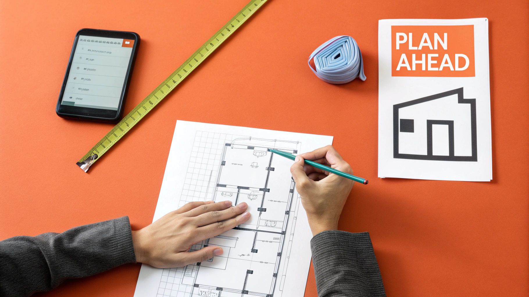 Person drawing a house floor plan with a pencil, next to a phone, tape measure, and 'PLAN AHEAD' sign.