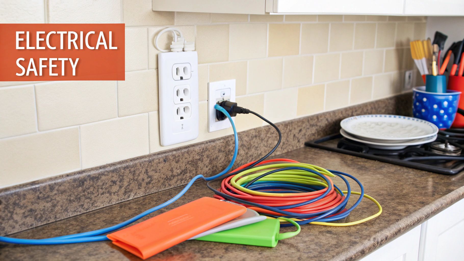 A hand tests a GFCI outlet with a plug-in tester, demonstrating a key electrical safety check.