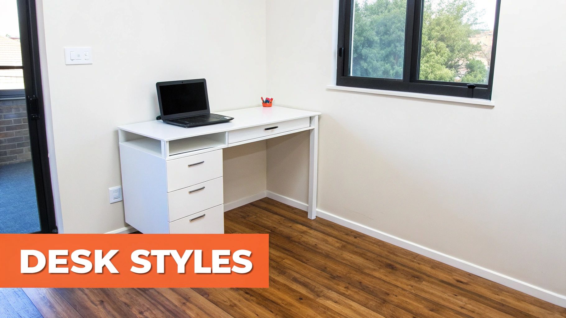 A modern ladder desk with shelves is placed against a light-colored wall, showcasing efficient vertical storage.