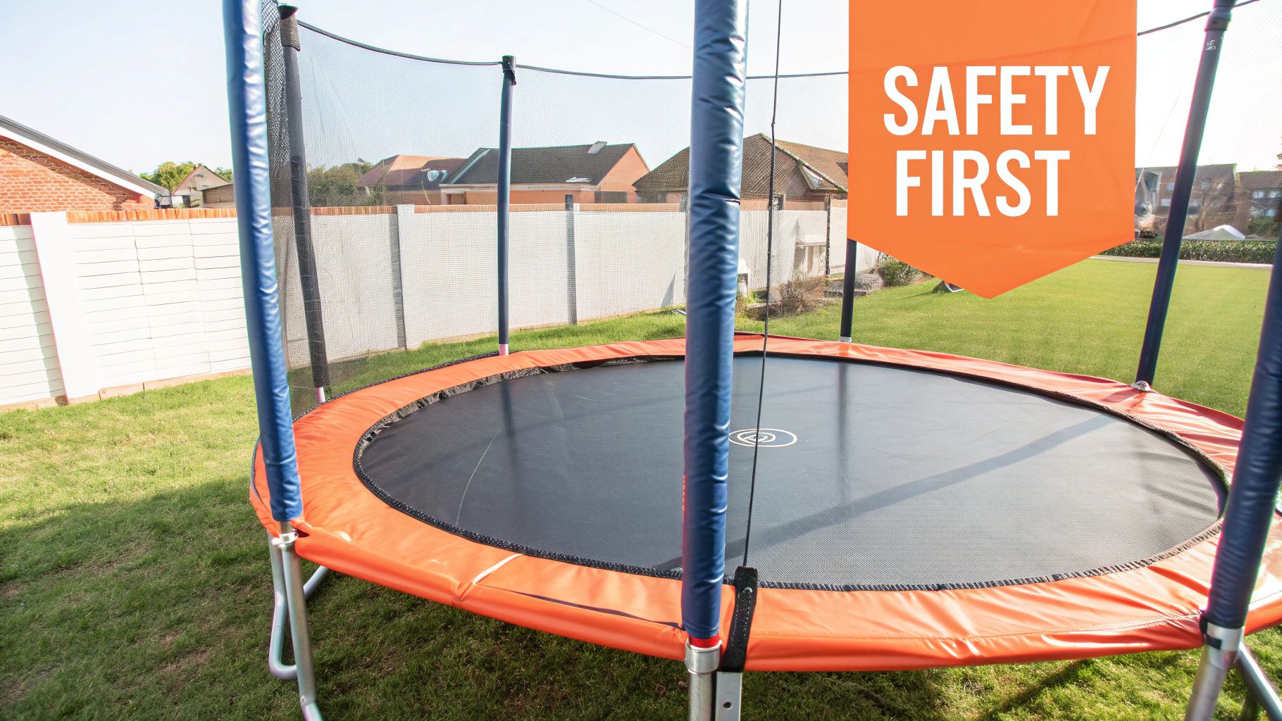 A backyard trampoline with an orange safety pad, black mat, safety net, and a prominent "SAFETY FIRST" sign.