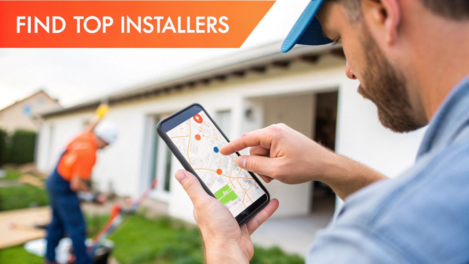 Man uses a smartphone app to find local installers on a map, with a worker in the background.