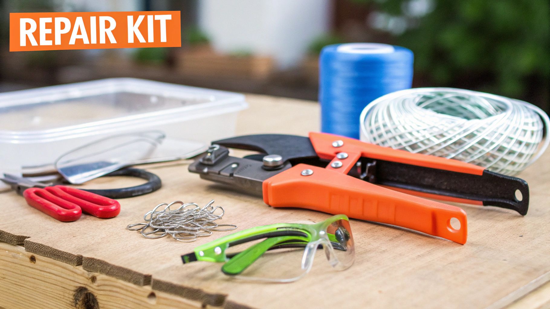 A close-up of a 'REPAIR KIT' laid out on a wooden surface, featuring tools, string, and safety glasses.