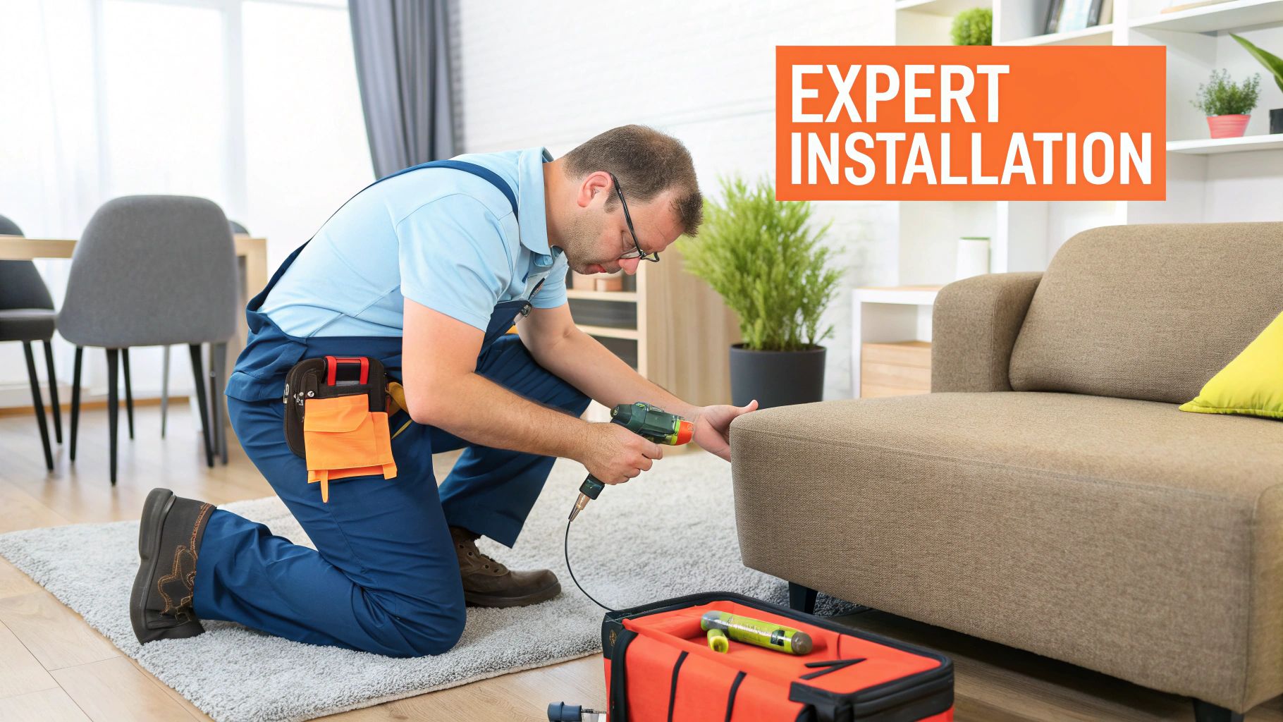 A delivery professional in uniform smiles while holding a clipboard for a customer to sign, with a perfectly assembled piece of new furniture in the background.