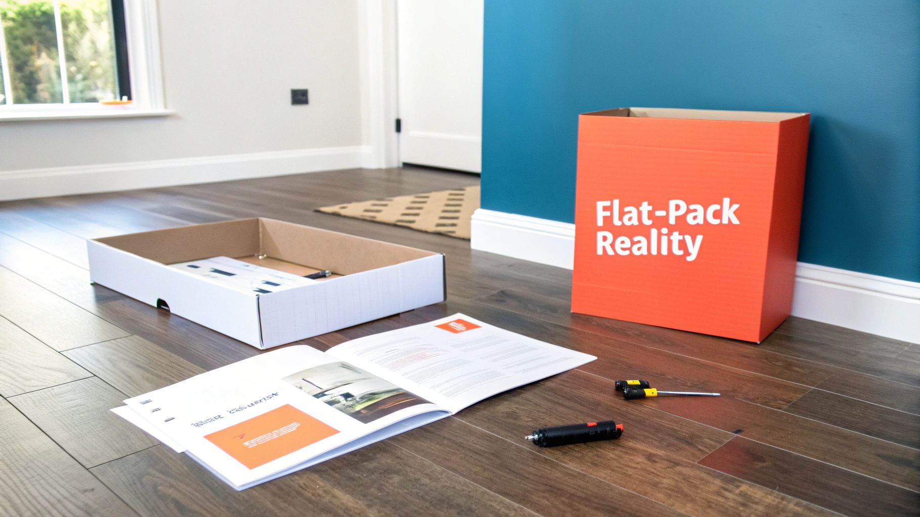 Tools, an open box, and an instruction manual for assembling flat-pack furniture on a wooden floor.