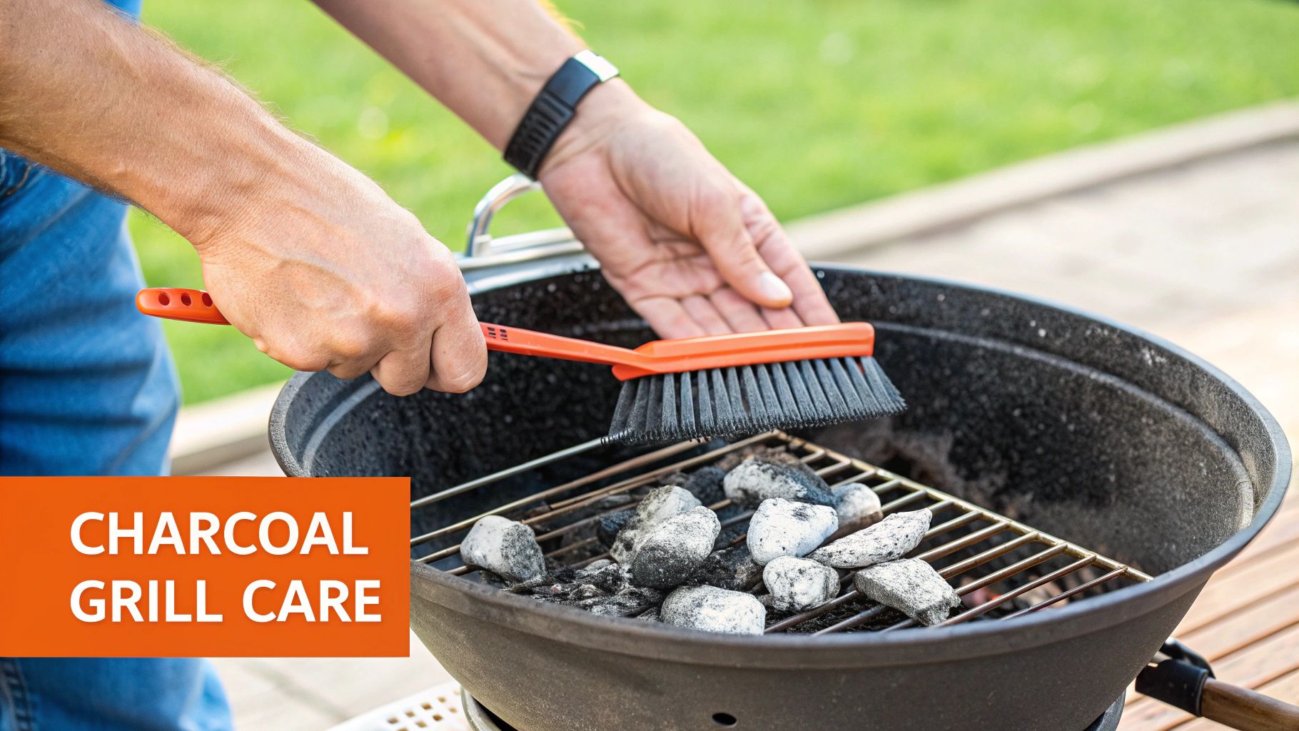 A close-up of a person using a metal scraper to clean the inside of a charcoal grill kettle, with ash and debris visible.
