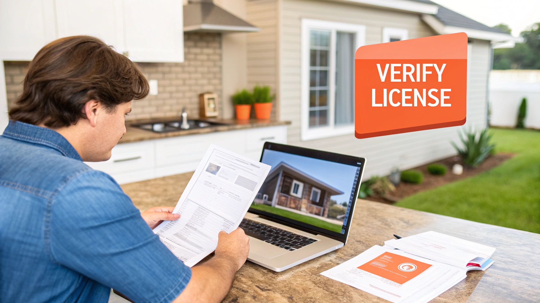 A man reviews documents and uses a laptop with a house image, next to a 'Verify License' sign.