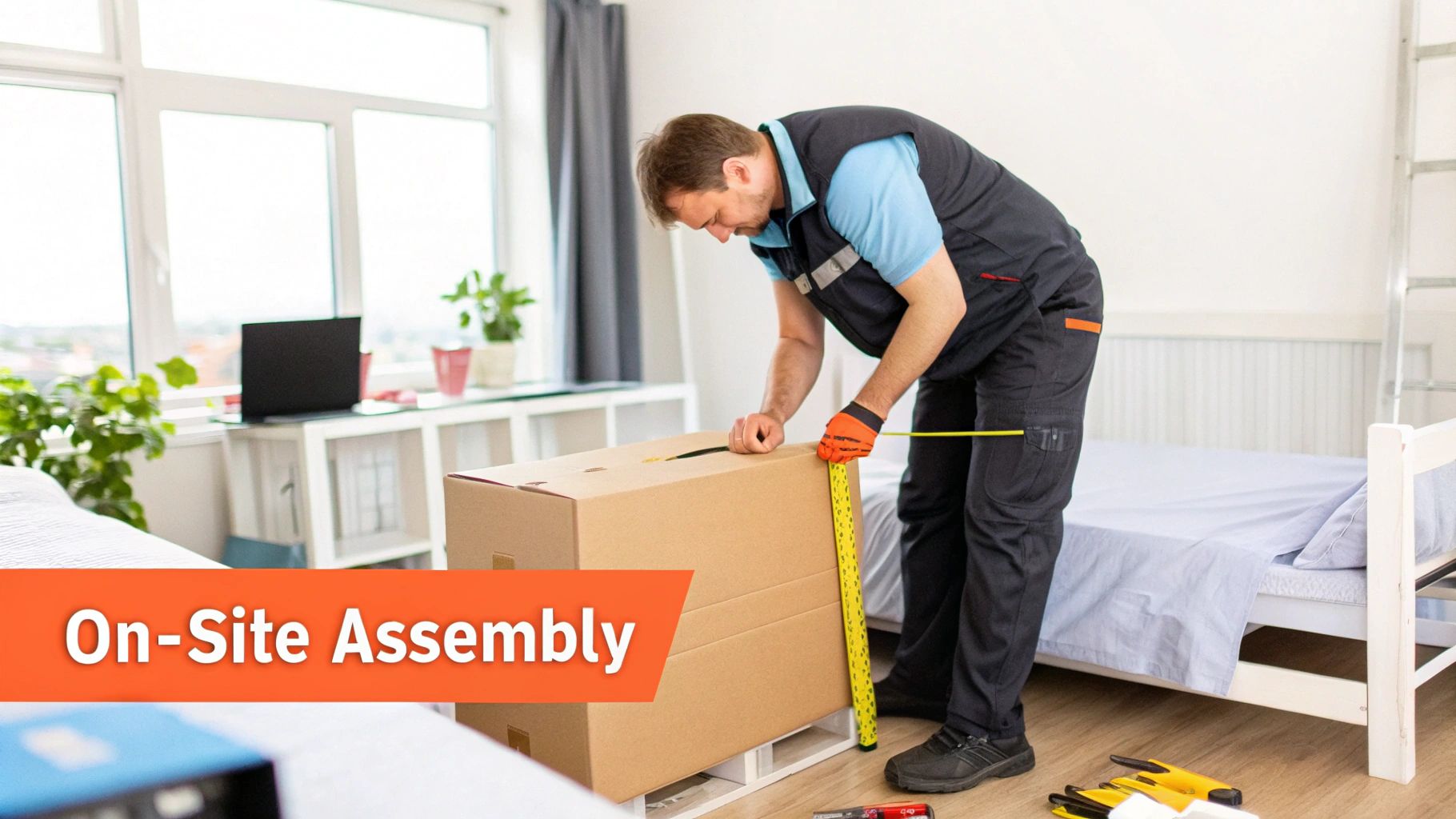 A man in work attire measures a large cardboard box with a tape measure for on-site furniture assembly.