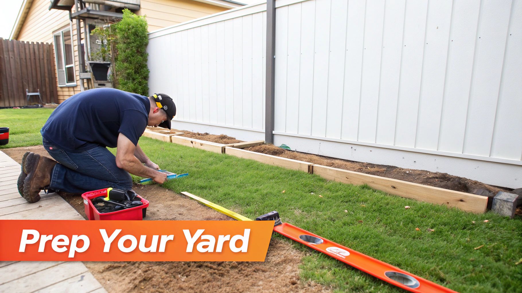 Man kneeling on grass, carefully leveling a section of soil for a new garden bed with wooden borders.