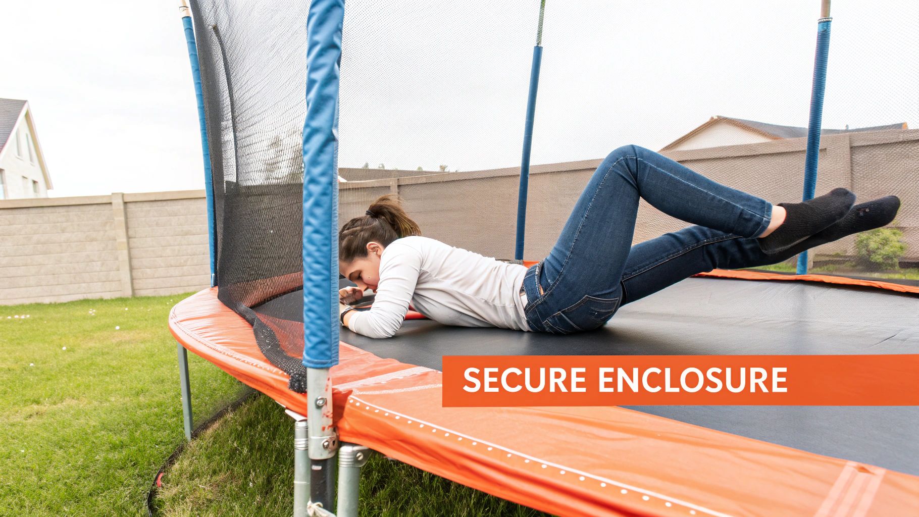 A woman rests on a trampoline with an orange safety pad and a secure net enclosure.
