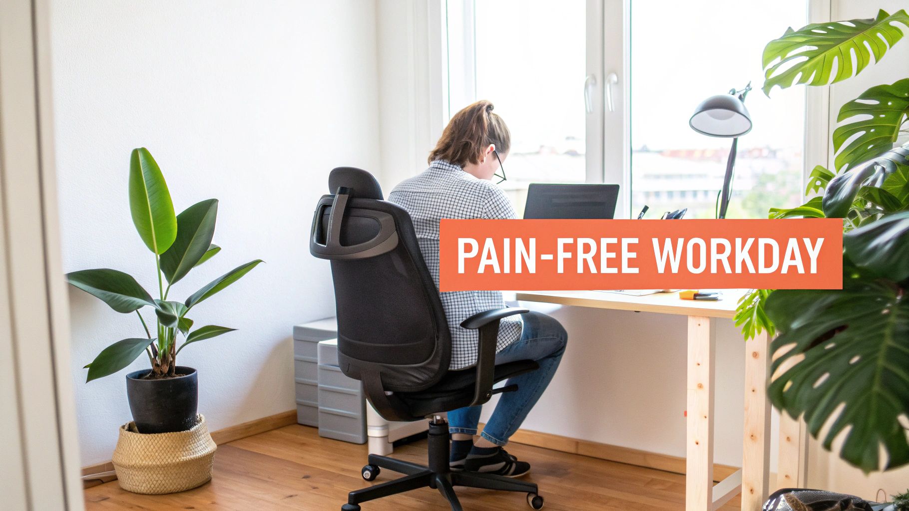 A woman sitting comfortably in an ergonomic office chair in a bright, modern home office.