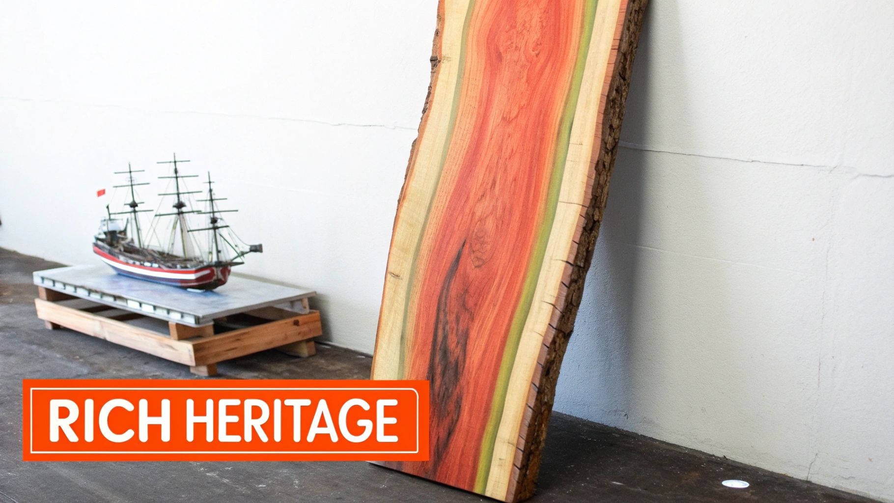 A detailed close-up of the rich, varied grain of an acacia wood table.