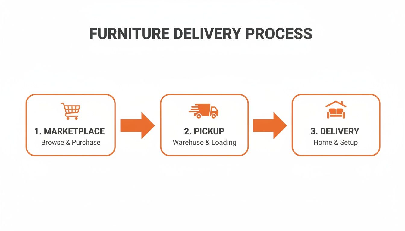 Flowchart illustrating the three-step furniture delivery process from marketplace purchase to home setup.