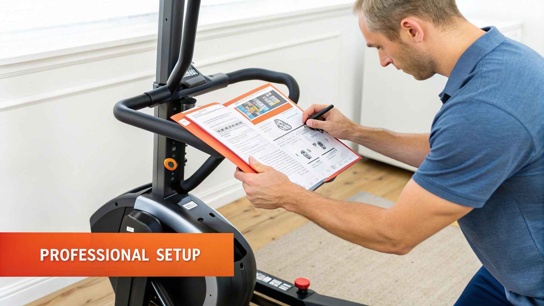 An elliptical machine fully assembled in a home gym setting