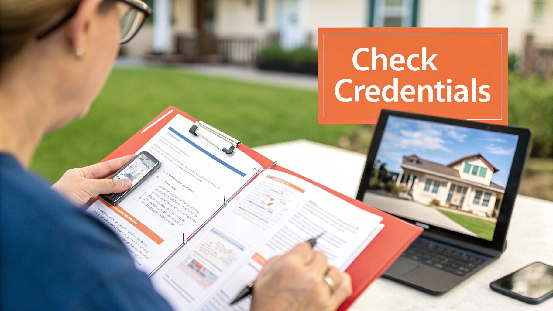 Real estate professional reviewing contractor credentials on clipboard with laptop displaying house image