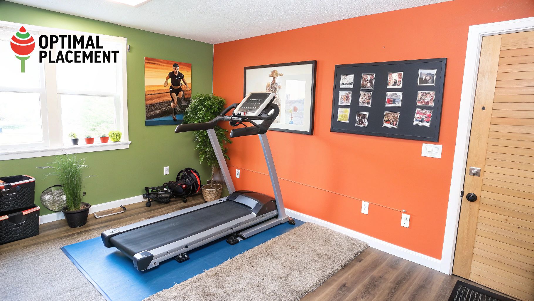 A treadmill in a well-lit home gym space with enough clearance around it.