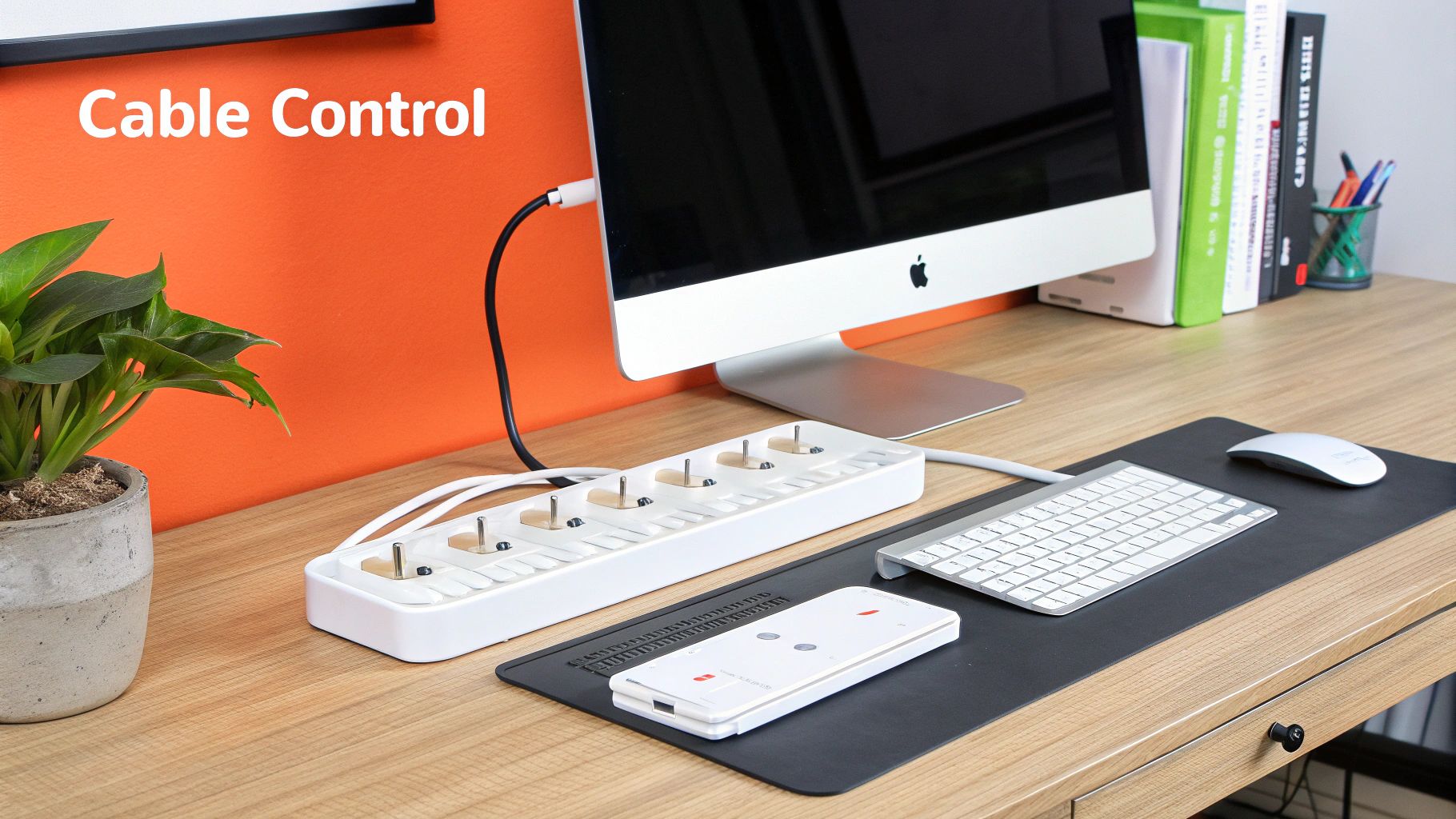 A well-organized desk with minimal cables visible, showing a clean and modern home office setup.