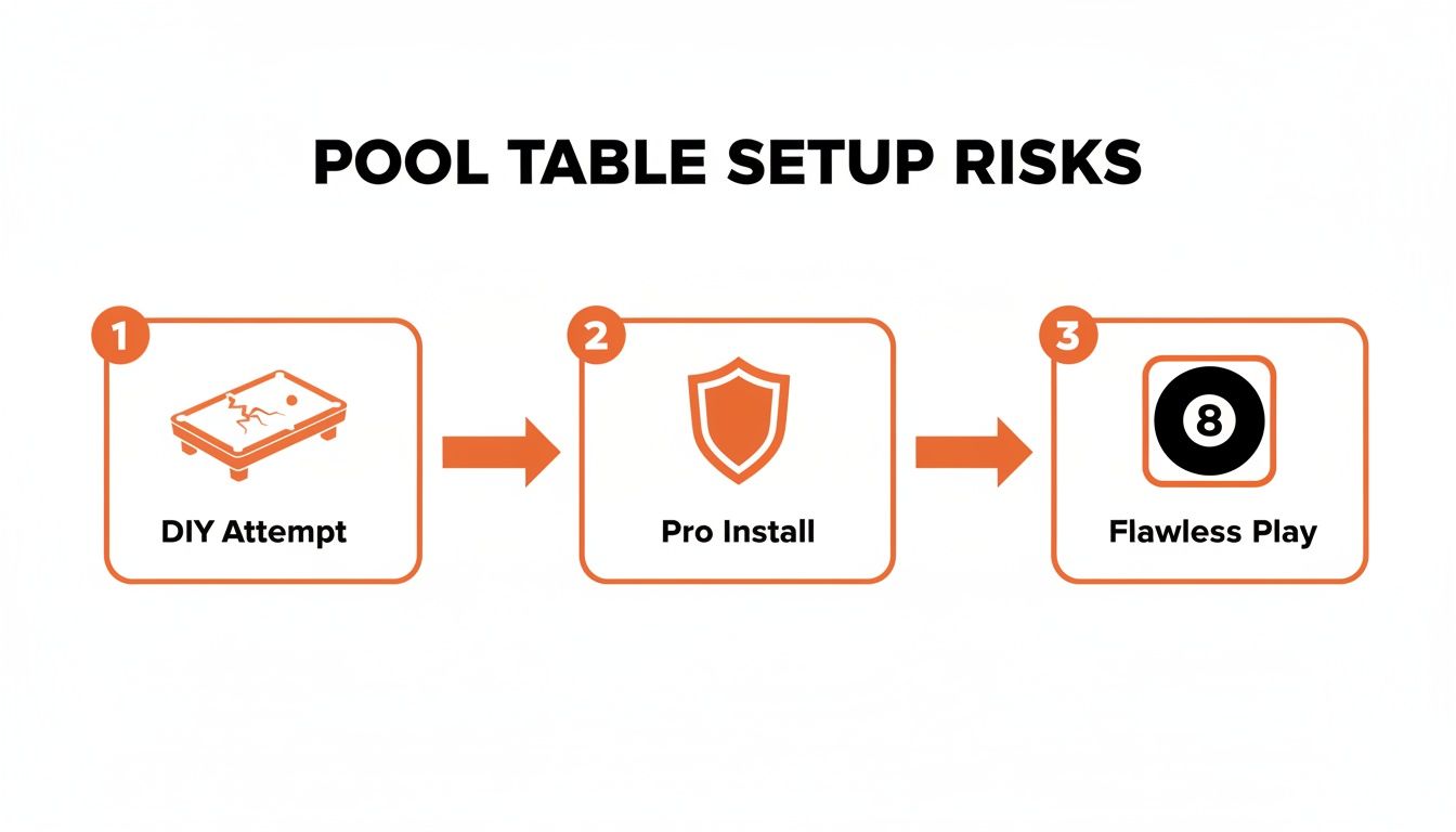 Flowchart showing pool table setup risks, from a cracked DIY attempt to flawless play with pro installation.
