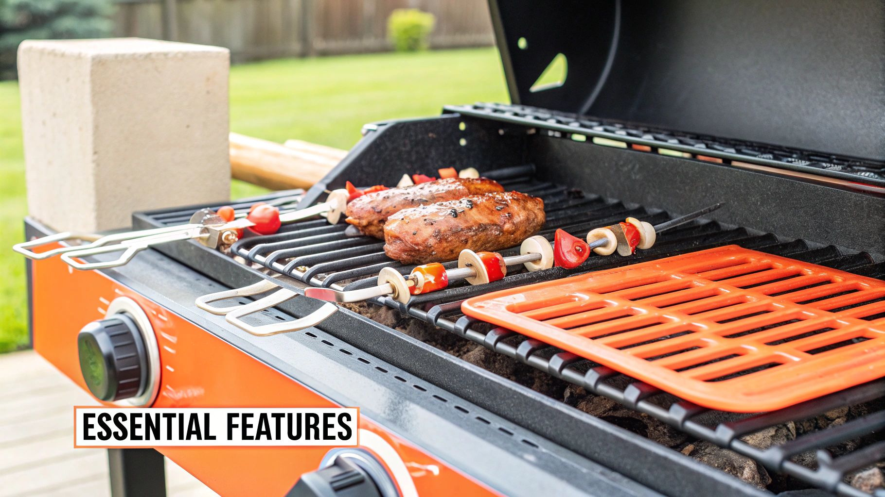 A person using a grill with various features, like a side burner and temperature gauge.