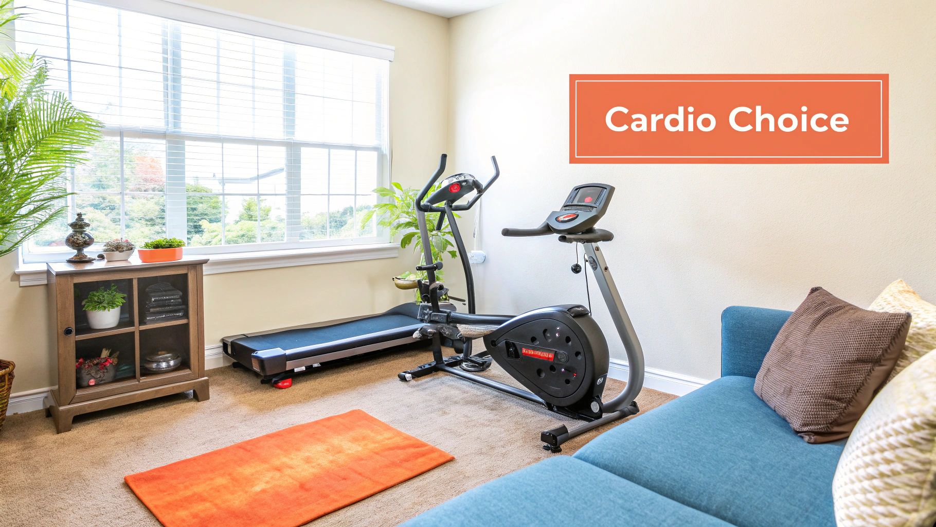 A woman running on a treadmill in a bright, modern living room.