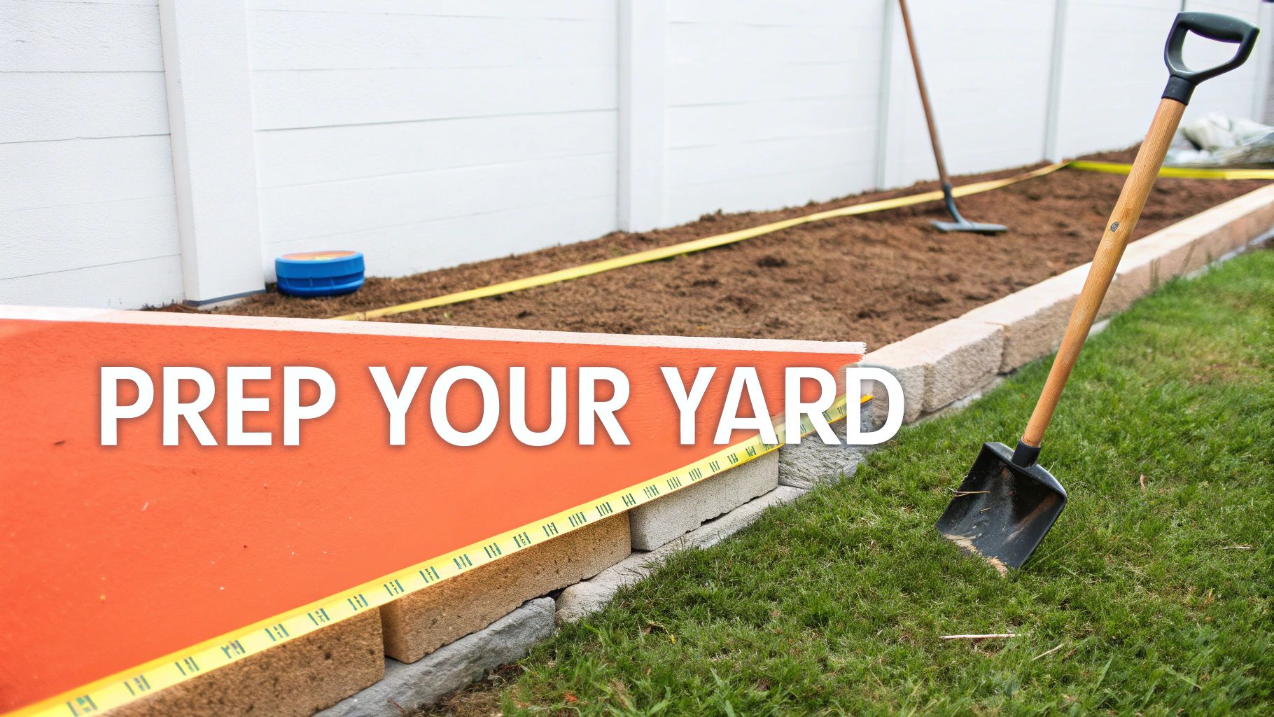 A well-prepared backyard with a marked-out area ready for a new swing set.
